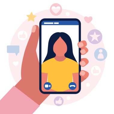 Konferans görüntülü konuşma, bir arkadaşla görüntülü konuşma, internetten çalışma, iş görüşmesi. Renkli düz vektör illüstrasyonu.