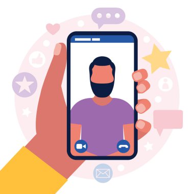 Konferans görüntülü konuşma, bir arkadaşla görüntülü konuşma, internetten çalışma, iş görüşmesi. Renkli düz vektör illüstrasyonu.