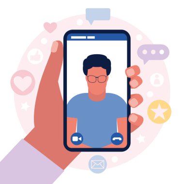 Konferans görüntülü konuşma, bir arkadaşla görüntülü konuşma, internetten çalışma, iş görüşmesi. Renkli düz vektör illüstrasyonu.