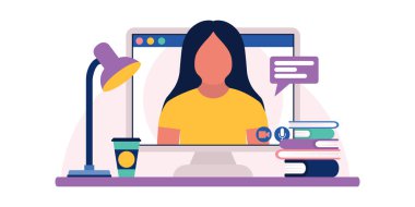 Konferans görüntülü konuşma, bir arkadaşla görüntülü konuşma, internetten çalışma, iş görüşmesi. Renkli düz vektör illüstrasyonu.