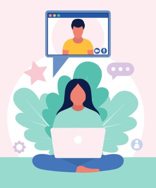 Konferans görüntülü konuşma, bir arkadaşla görüntülü konuşma, internetten çalışma, iş görüşmesi. Renkli düz vektör illüstrasyonu.