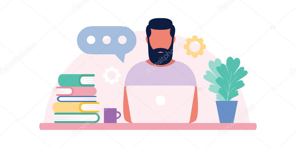 illustration of person who works at a computer, communicates in social networks, learns online. Colorful flat vector illustration.
