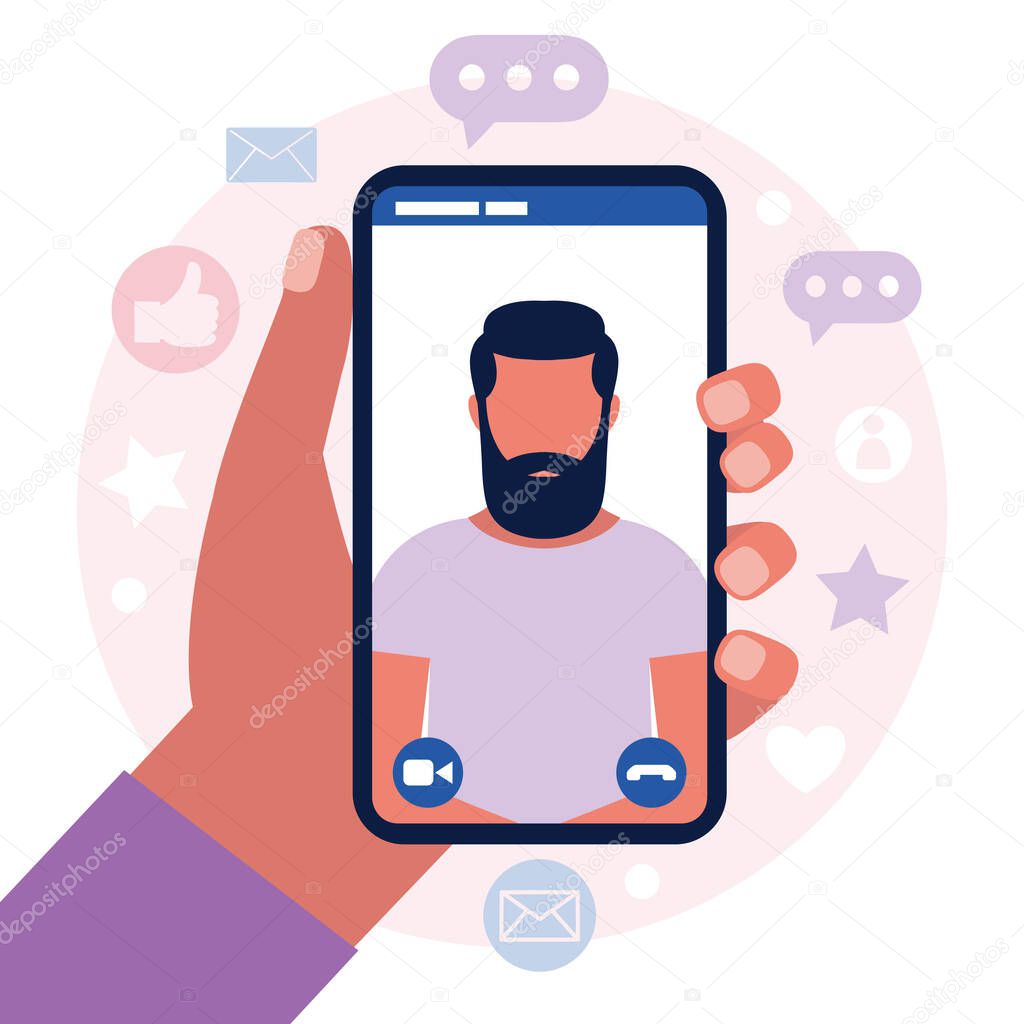Illustration of conference video call, video call to a friend, study online, business meeting. Colorful flat vector illustration.