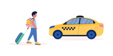 Bavullu genç bir adam taksi çağırmış. Renkli düz vektör illüstrasyonu.