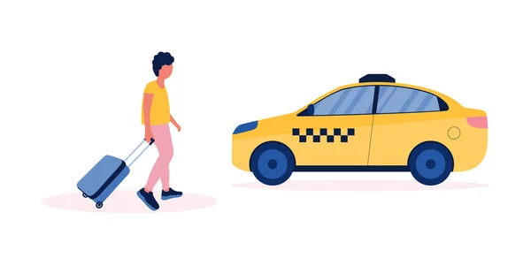 Ilustración Joven Con Equipaje Que Llamó Taxi Ilustración Vector Plano — Vector de stock