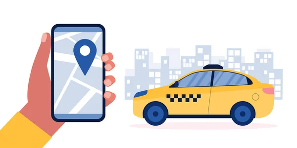 Εικονογράφηση Κλήσης Ταξί Χέρι Κρατά Τηλέφωνο Για Καλέσετε Ένα Ταξί — Διανυσματικό Αρχείο