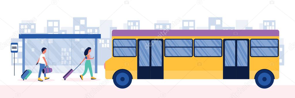 People stand at the bus stop waiting for the bus. Colorful flat vector illustration.