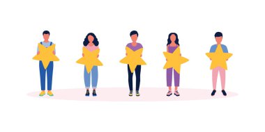 Yıldız derecelendirme. Elleri yıldızları ellerinde tutuyor. Renkli düz vektör illüstrasyonu.