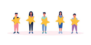 Yıldız derecelendirme. Elleri yıldızları ellerinde tutuyor. Renkli düz vektör illüstrasyonu.