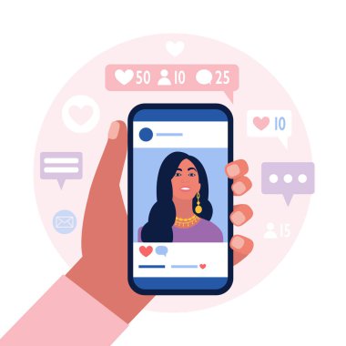 Sosyal ağ hesabından çekilmiş bir fotoğrafın olduğu bir cep telefonu. Renkli düz vektör illüstrasyonu.