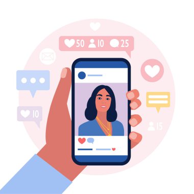 Sosyal ağ hesabından çekilmiş bir fotoğrafın olduğu bir cep telefonu. Renkli düz vektör illüstrasyonu.