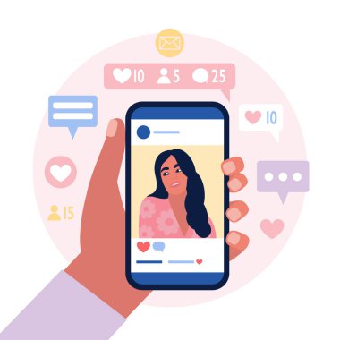 Sosyal ağ hesabından çekilmiş bir fotoğrafın olduğu bir cep telefonu. Renkli düz vektör illüstrasyonu.