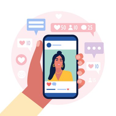 Sosyal ağ hesabından çekilmiş bir fotoğrafın olduğu bir cep telefonu. Renkli düz vektör illüstrasyonu.