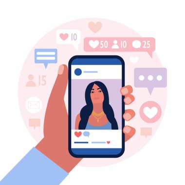 Sosyal ağ hesabından çekilmiş bir fotoğrafın olduğu bir cep telefonu. Renkli düz vektör illüstrasyonu.