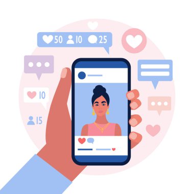 Sosyal ağ hesabından çekilmiş bir fotoğrafın olduğu bir cep telefonu. Renkli düz vektör illüstrasyonu.