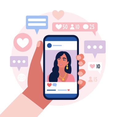 Sosyal ağ hesabından çekilmiş bir fotoğrafın olduğu bir cep telefonu. Renkli düz vektör illüstrasyonu.