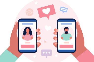 Randevu servisi uygulaması. Sosyal ağ. Kadın ve erkek birbirlerinin profilleriyle cep telefonlarını tutuyorlar. Renkli düz vektör illüstrasyonu.