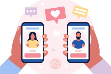 Randevu servisi uygulaması. Sosyal ağ. Kadın ve erkek birbirlerinin profilleriyle cep telefonlarını tutuyorlar. Renkli düz vektör illüstrasyonu.