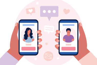 Randevu servisi uygulaması. Sosyal ağ. Kadın ve erkek birbirlerinin profilleriyle cep telefonlarını tutuyorlar. Renkli düz vektör illüstrasyonu.