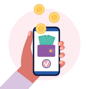 Akıllı telefondan cep telefonu ödemesi. Renkli düz vektör illüstrasyonu.