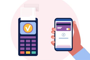 Akıllı telefondan cep telefonu ödemesi. Renkli düz vektör illüstrasyonu.