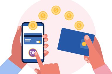 Akıllı telefondan cep telefonu ödemesi. Renkli düz vektör illüstrasyonu.