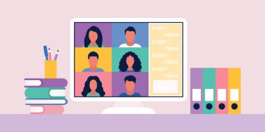 Konferans görüntülü konuşma, bir arkadaşla görüntülü konuşma, internetten çalışma, iş görüşmesi. Renkli düz vektör illüstrasyonu.