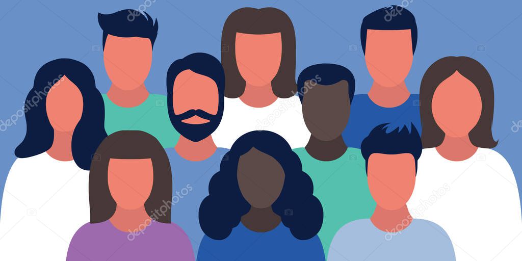 Group of different people gathering together. Vector illustration in a flat style