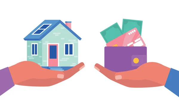 家とお金とクレジットカードで手 不動産 賃貸料 住宅ローンを購入する概念 平面図のベクトル図 — ストックベクタ