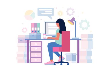 Çalışma akışı illüstrasyonu. Bilgisayarlı genç bir kadın. Sosyal ağlarda iletişim, e-posta, online toplantı, video görüşmesi. Düz bir şekilde vektör illüstrasyonu