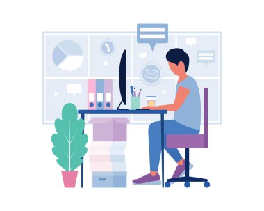 Çalışma akışı illüstrasyonu. Bilgisayarlı adam. Sosyal ağlarda iletişim, e-posta, online toplantı, video görüşmesi. Düz bir şekilde vektör illüstrasyonu