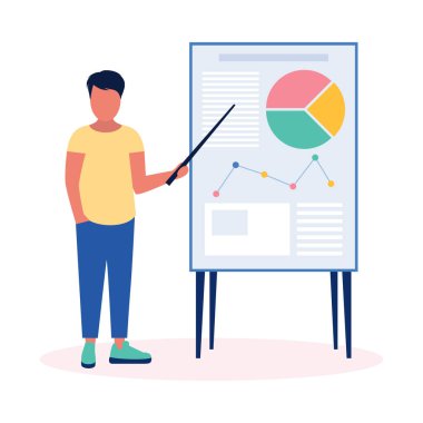 Bilgi, proje, istatistik sunan genç bir adam. Düz bir şekilde vektör illüstrasyonu.