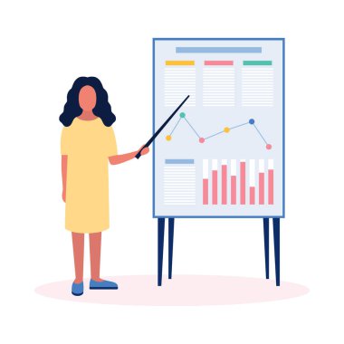 Bilgi, proje, istatistik sunan genç bir kadın. Düz bir şekilde vektör illüstrasyonu.