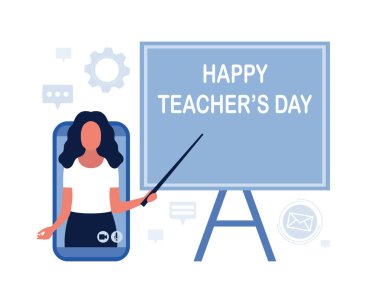 Çevrimiçi öğrenmenin tasviri. Öğretmenler günü. Video dersi, Webinar. Renkli düz vektör illüstrasyonu.