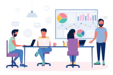 Personel eğitimi, atölye çalışması, toplantı. Düz bir şekilde vektör illüstrasyonu.