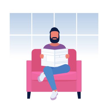 Genç bir adam gazetede haberleri okuyor. Düz bir şekilde vektör illüstrasyonu.