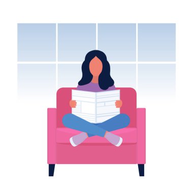 Genç bir adam gazetede haberleri okuyor. Düz bir şekilde vektör illüstrasyonu.