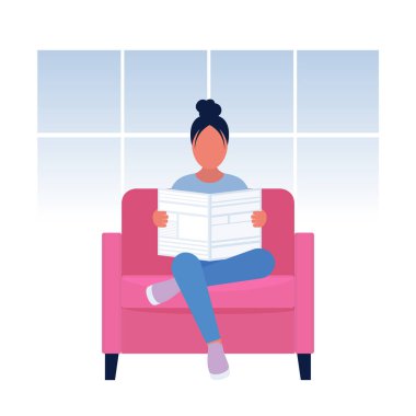 Genç bir adam gazetede haberleri okuyor. Düz bir şekilde vektör illüstrasyonu.