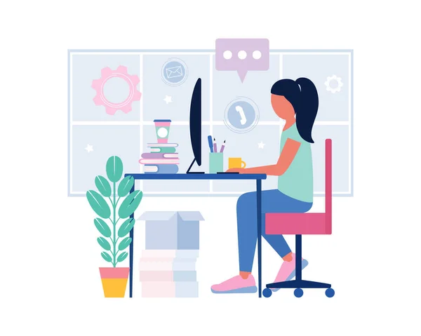 Εικονογράφηση Ροής Εργασίας Νεαρή Γυναίκα Υπολογιστή Επικοινωνία Στα Κοινωνικά Δίκτυα — Διανυσματικό Αρχείο