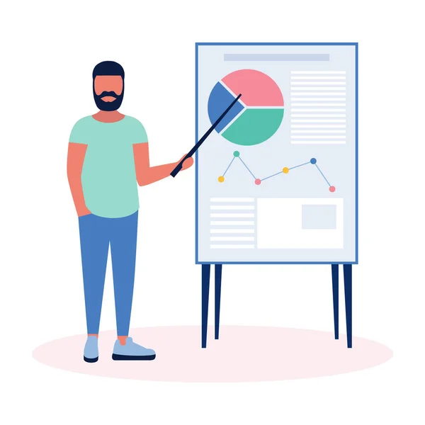 Giovanotto Che Presenta Infografica Progetto Statistica Illustrazione Vettoriale Stile Piatto — Vettoriale Stock