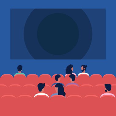 Sinema konsepti. İnsanlar sinemada oturup film izler. Düz bir şekilde vektör illüstrasyonu