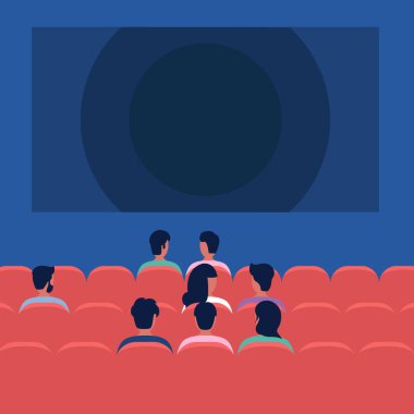 Sinema konsepti. İnsanlar sinemada oturup film izler. Düz bir şekilde vektör illüstrasyonu