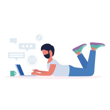 Çalışma akışı illüstrasyonu. Dizüstü bilgisayarı olan. Sosyal ağlarda iletişim, e-posta, online toplantı, video görüşmesi. Düz bir şekilde vektör illüstrasyonu