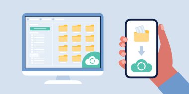 Bulut veri depolama kavramı. Renkli düz vektör illüstrasyonu.