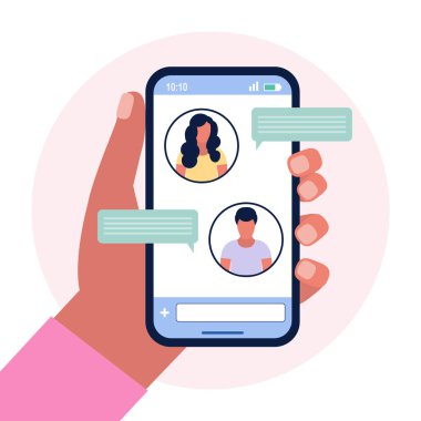 Çevrimiçi sohbet baloncukları tasviri. Renkli düz vektör illüstrasyonu.