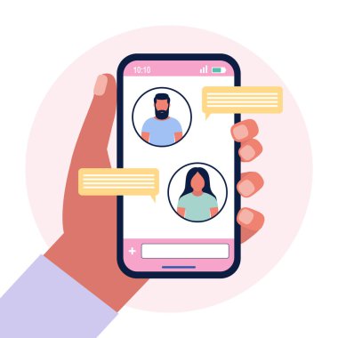 Çevrimiçi sohbet baloncukları tasviri. Renkli düz vektör illüstrasyonu.