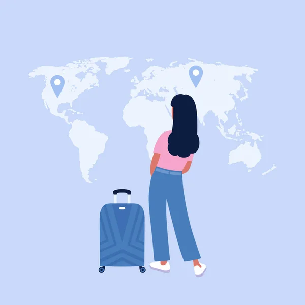 Seyahat Konsepti Bagajlı Bir Kadının Resmi Renkli Düz Vektör Illüstrasyonu — Stok Vektör
