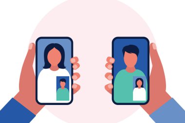 Konferans görüntülü konuşma, bir arkadaşla görüntülü konuşma, internetten çalışma, iş görüşmesi. El ele tutuşan cep telefonu. Renkli düz vektör illüstrasyonu.