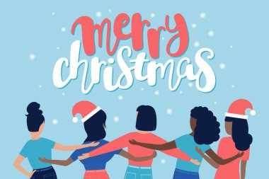 Noel illüstrasyonu. Farklı milletlerden bir grup erkek birbirine sarılıyor. Düz bir şekilde vektör illüstrasyonu