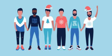 Farklı milletlerden bir grup erkek yeni yıl kıyafetleri içinde el ele tutuşuyorlar. Düz bir şekilde vektör illüstrasyonu